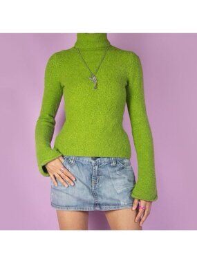 Vintage Turtleneck Bell Flare Sleeve Sweater Medium Green Y2K 2000s
